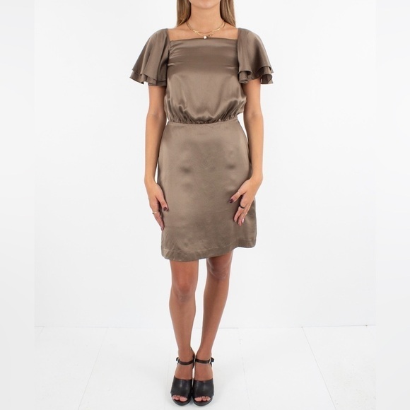 Banana Republic Chocolate Brown 100% Silk Dress Flutter Sleeves Size 12 NWT - Picture 1 of 11